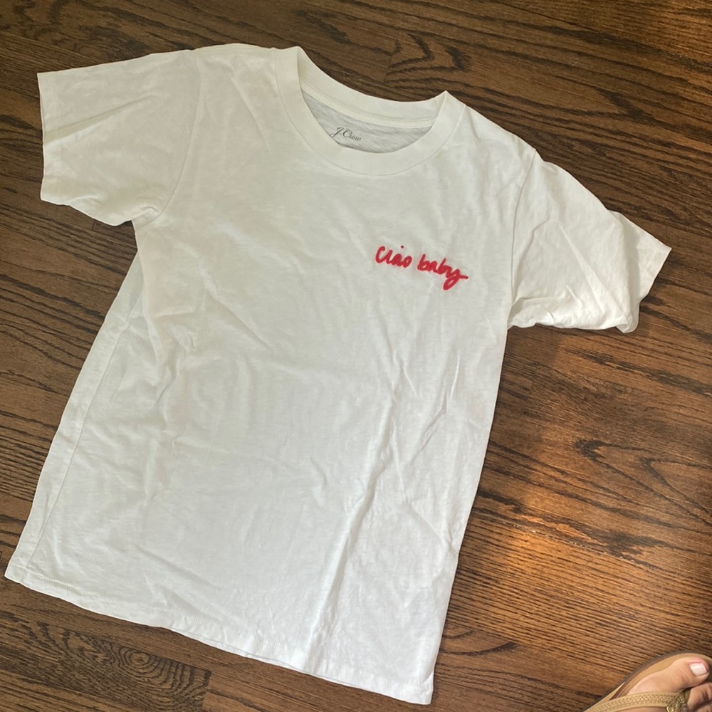 J Crew XS tissue tee with embroidered “ciao baby” on left chest